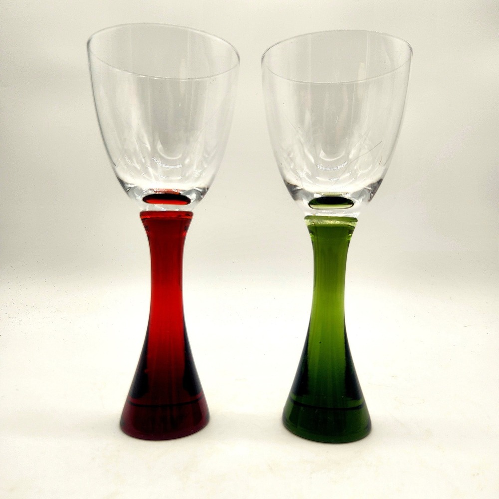 2 Danish Influenced Wine Goblets Green & Red Flared Stems Clear Bowls Vintage - Picture 1 of 7